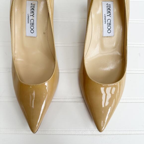 Jimmy Choo Anouk Kitten Heel Pumps Patent Leather Nude Tan Pointed Toe - Picture 2 of 12